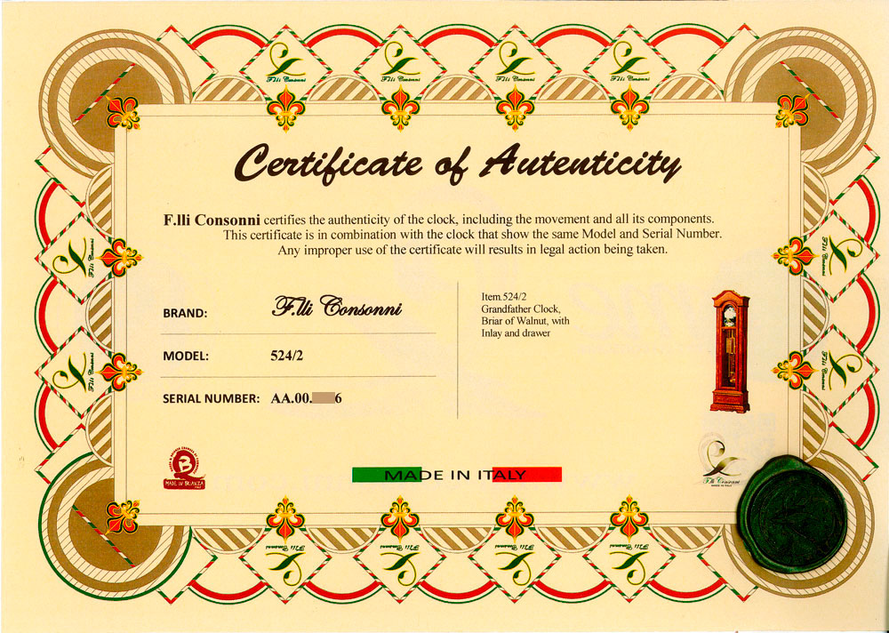 Certificate of Autenticity for clock 